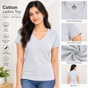 Ladies Cotton-Rich V-Neck Short Sleeve Top