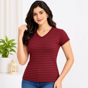 Ladies’ V-Neck Striped Short-Sleeve Top - Image 3