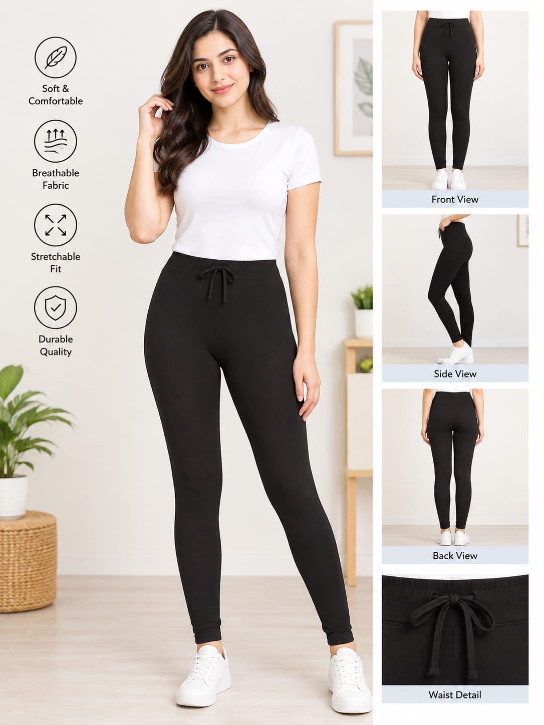 LEGGINGS BLACK Ladies Cotton/Lycra Leggings – 95% Cotton, 5% Lycra - Image 1