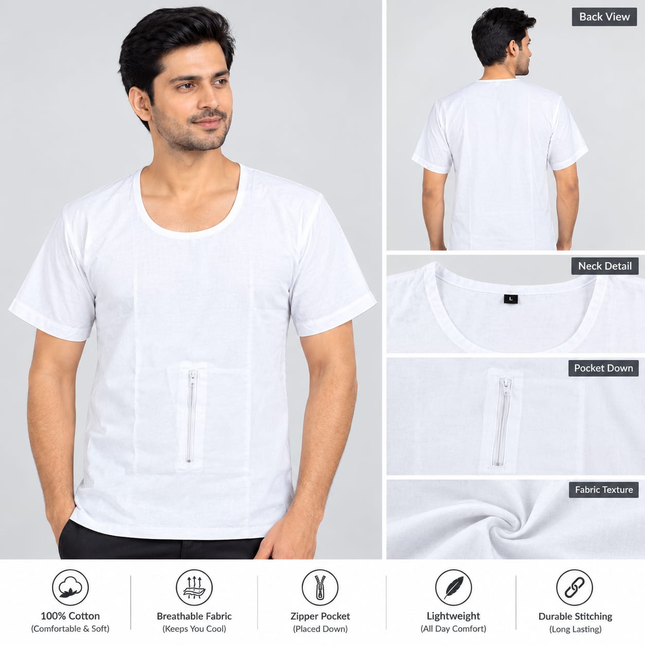 CTN MUNDA Men's 100% Cotton Deshi Baniyan – Half Sleeves Woven Vest with Secure Zipper Pocket – White - Image 1