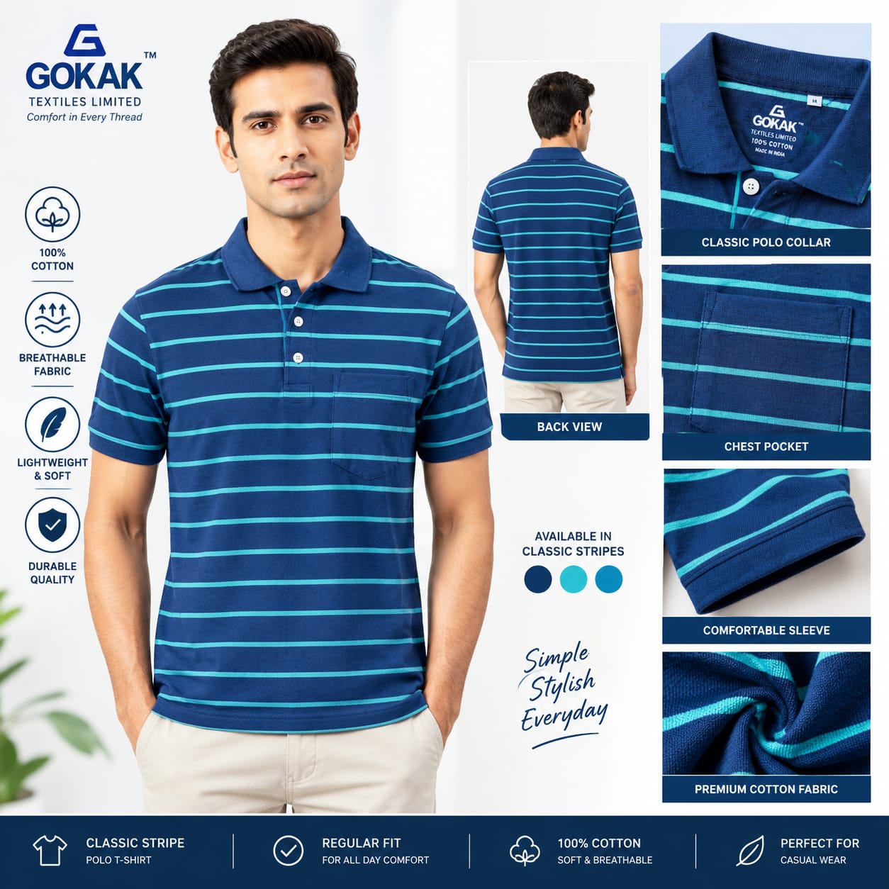 STR POLO NAVY+AQUA1 Men’s Stripe Polo T- Shirt - Image 1