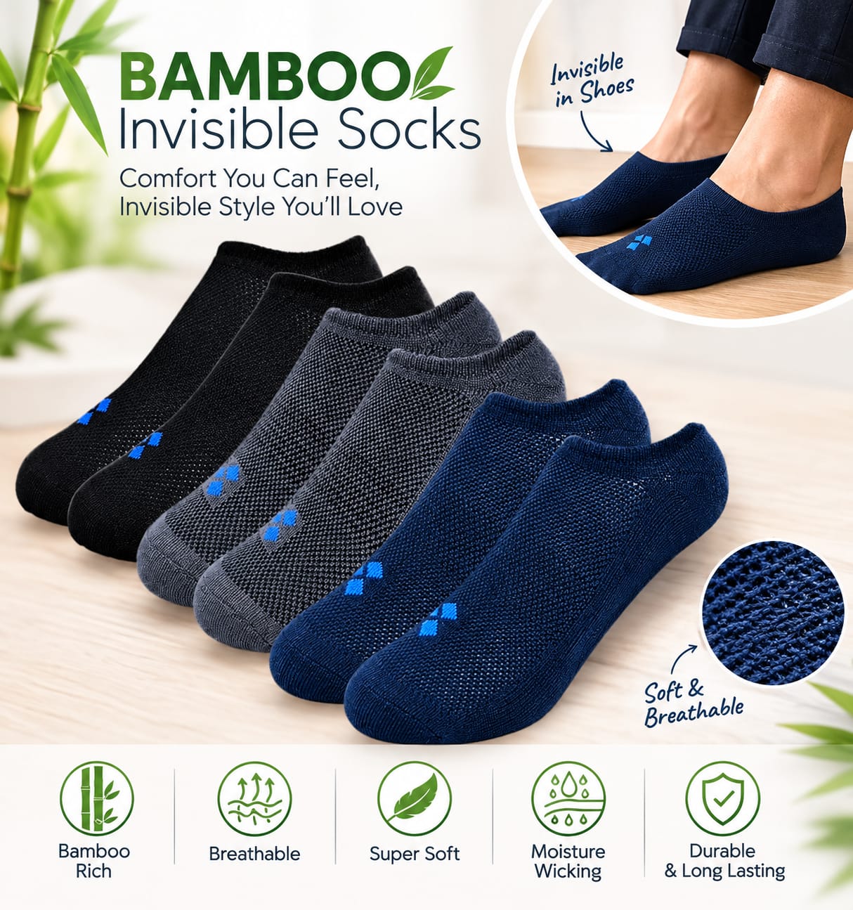 bamboo Invisible socks1 100% Bamboo Invisible Socks - Image 1